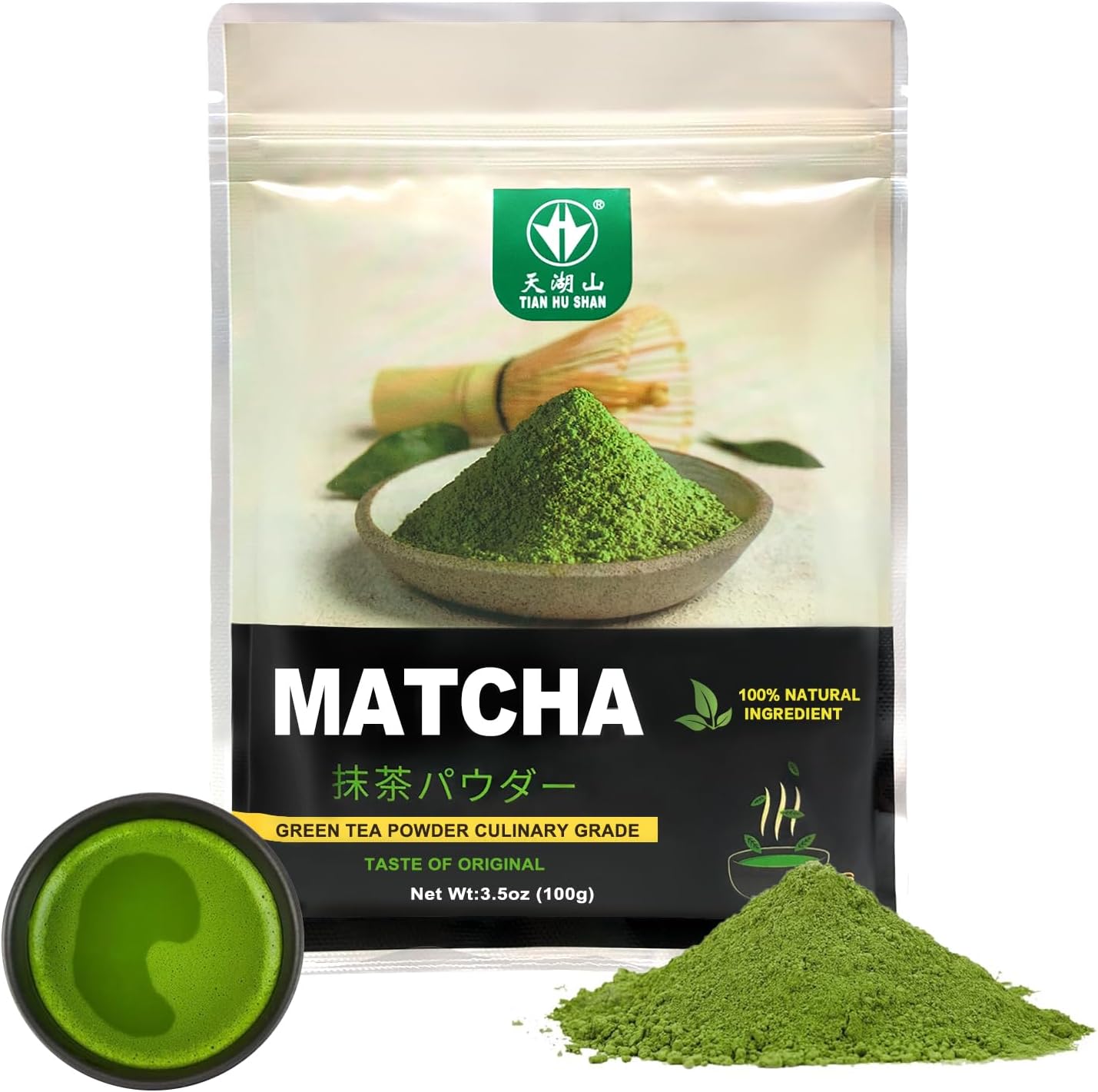 TIAN HU SHAN Matcha Green Tea Powder 3.5oz/100g, Pure Matcha Powder Culinary Grade Unsweetened for Lattes, Cooking, Baking, Vegan 100% Natural （Package May Vary)