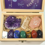 Large Premium Crystals and Healing Stones in Wooden Gift Box + Velvet Pouch + 7 Chakra Tumbled Gemstones+Info Guide, Amethyst Cluster，Rose Quartz ，Quartz Crystal Point
