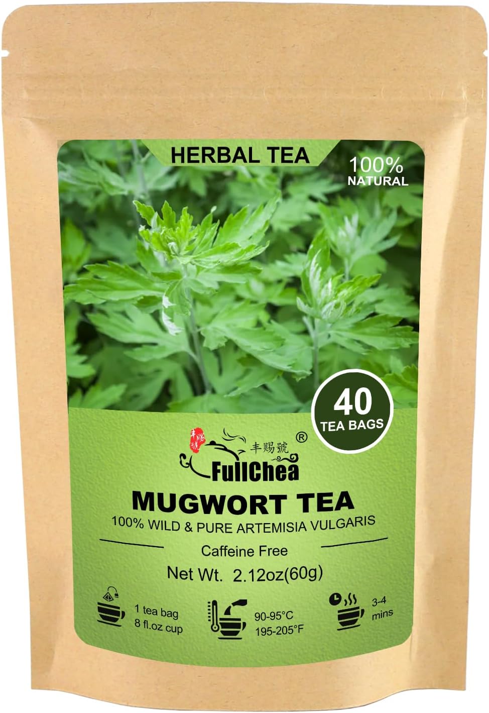 FullChea - Mugwort Tea Bag 40 Teabags, 1.5g/bag - 100% Pure Mugwort leaves Herbal Tea - Rich In Antioxidants