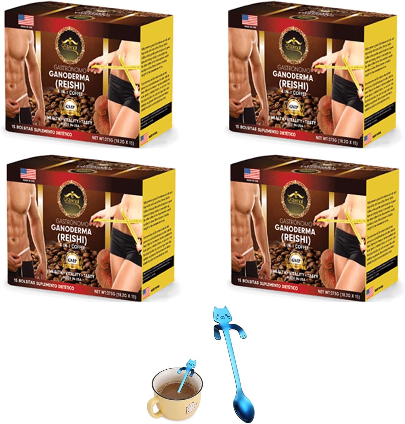 Eternal Spirit Beauty 4 in 1 Coffee, with GANODERMA (REISHI) – Pack of 4. Bonus 1 Stainless Steel Cute Mini Cat Spoon, Assorted Colors