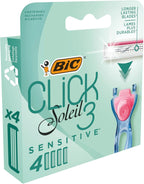 BIC Click 3 Soleil Sensitive Women's Razor Refills, 3 Moveable Blades and Lubricating Strip - Box of 4 Cartridges