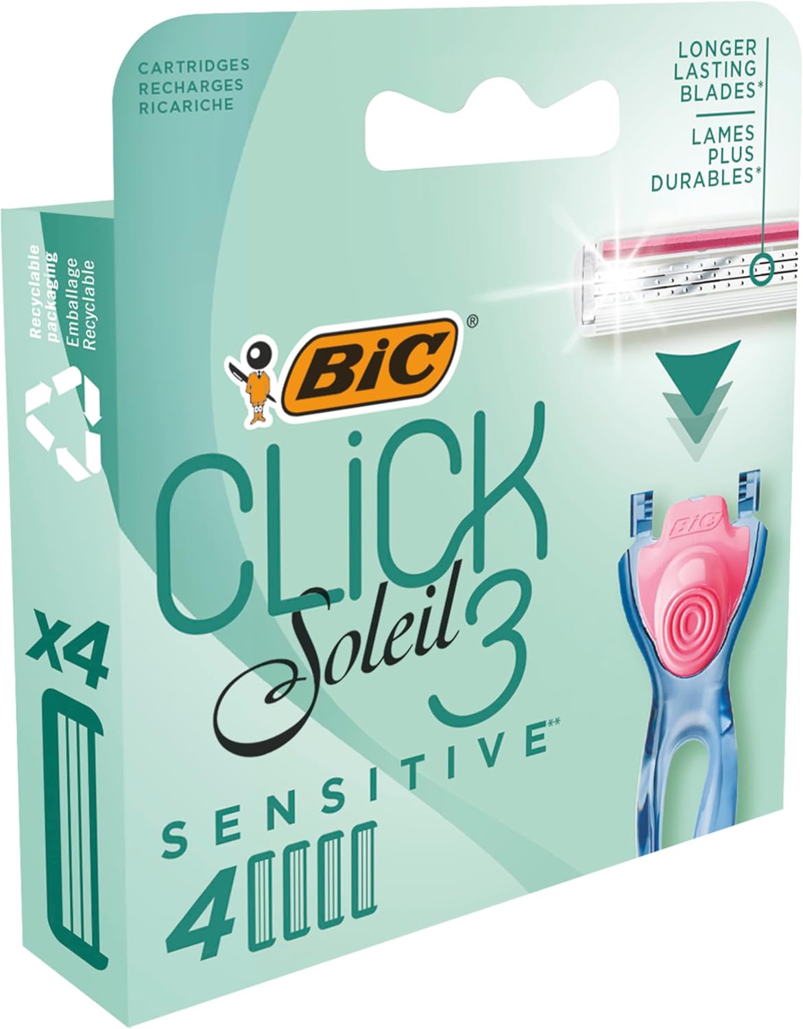 BIC Click 3 Soleil Sensitive Women's Razor Refills, 3 Moveable Blades and Lubricating Strip - Box of 4 Cartridges