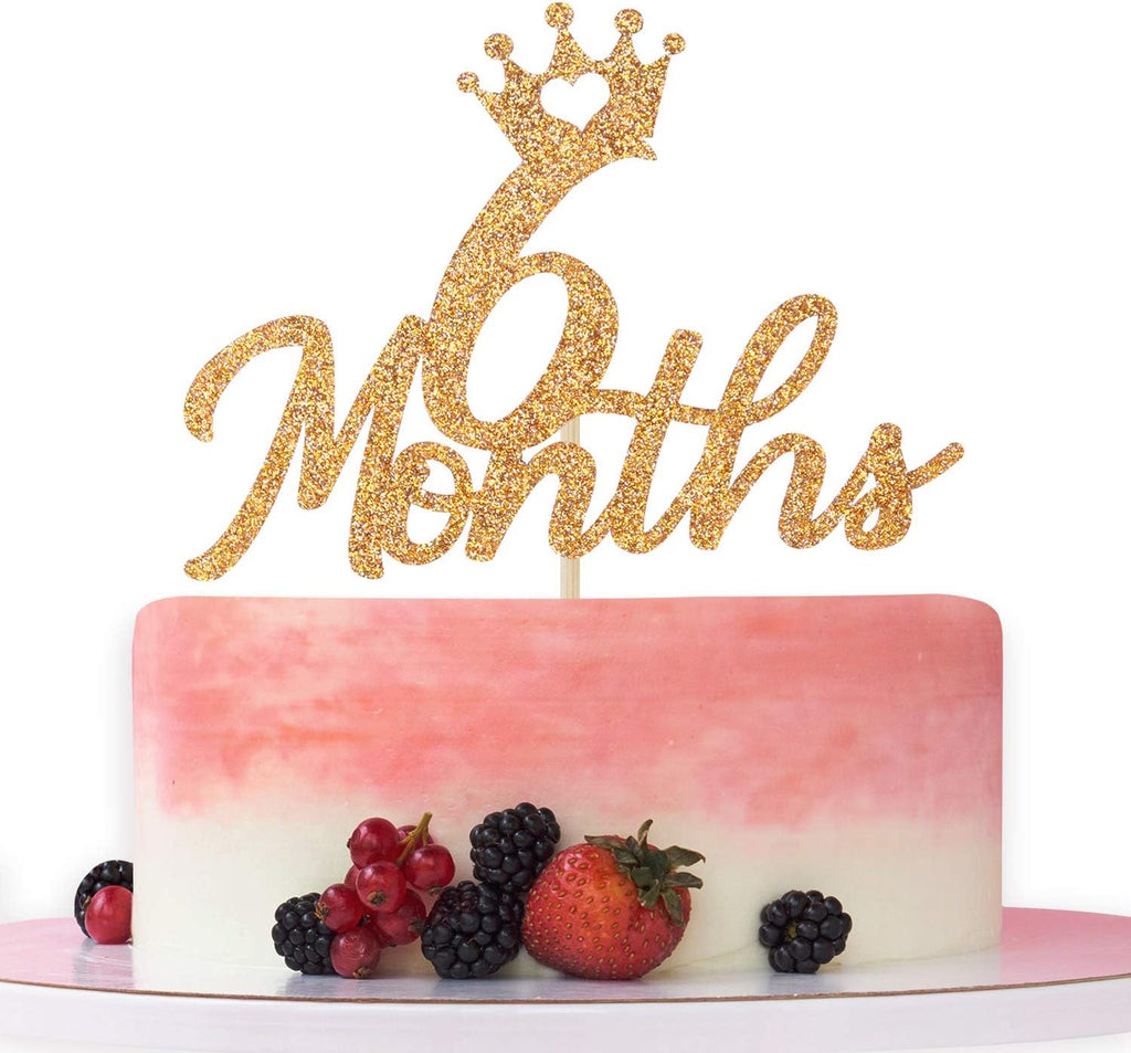 Gold Glittery 6 Months Cake Topper for Baby's Half Year Old Birthday Party, 1/2 Birthday, First Birthday, Baby Shower, Half Year Anniversary Party Decorations