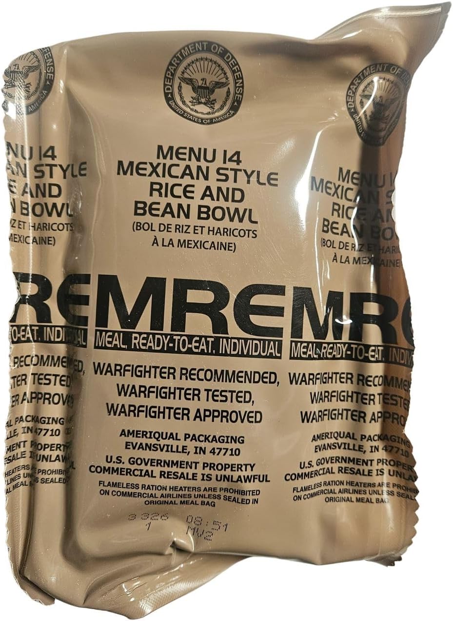 Genuine USGI Individual MRE [Meal, Ready to Eat] Inspection Date 01/2024 or Newer - You Choose Menu - Complete Ration with Entree, Snacks, Dessert, Drink Mix, Utensils, Condiments and FRH. (#14 [New] Mexican Rice and Bean Bowl)