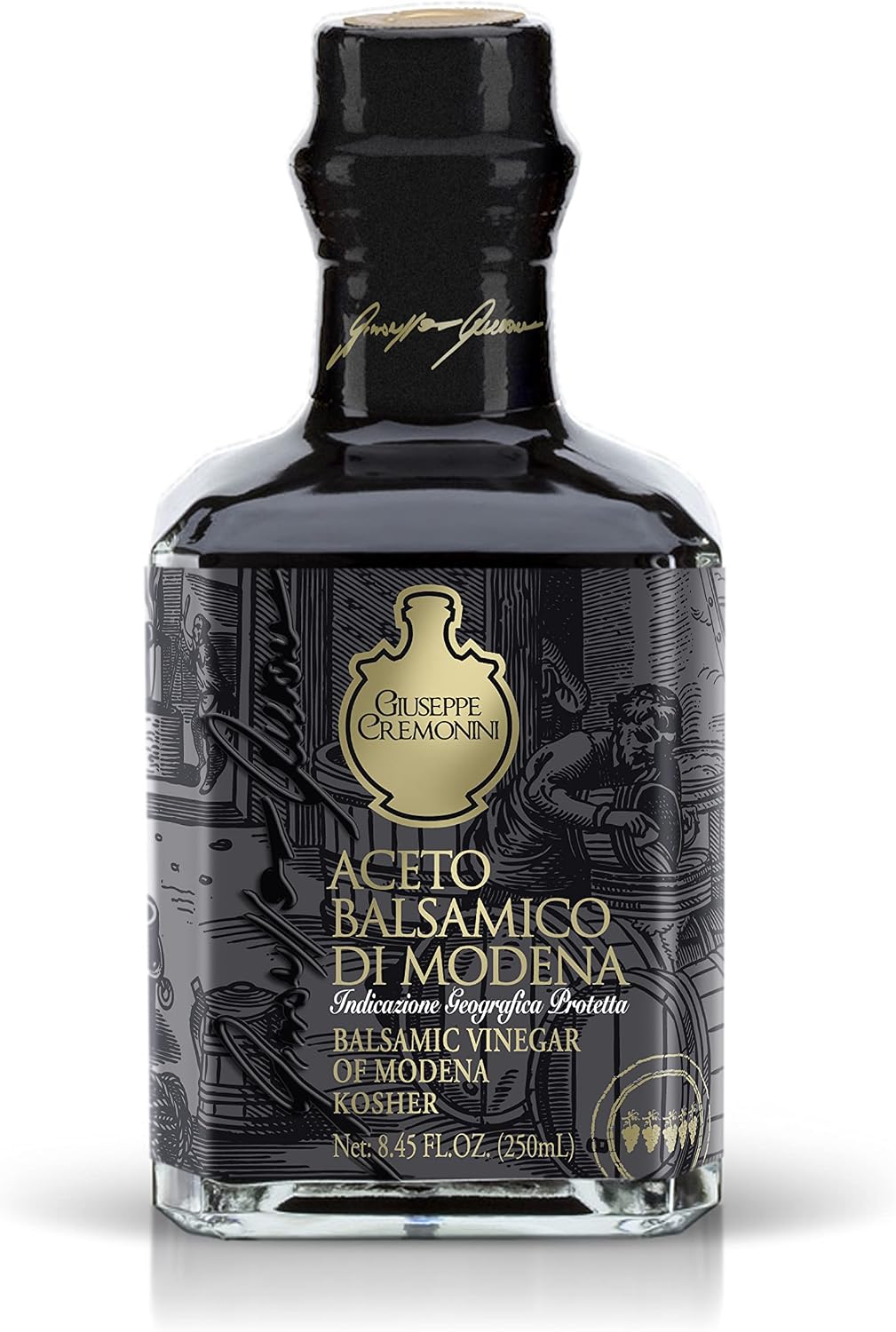 Giuseppe Cremonini OU Kosher Balsamic Vinegar Di Modena, IGP Certified, Consortium certified, oak aged, 3 levels of density, Caramel free, Cooked grape must and wine vinegar only (5 Grape)