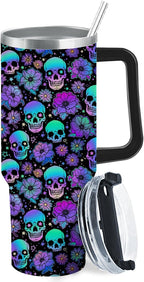generic Sugar Skull Flower 40oz Tumbler With Handle Gifts For Aunt Skinny Wine Tumbler For Office, White