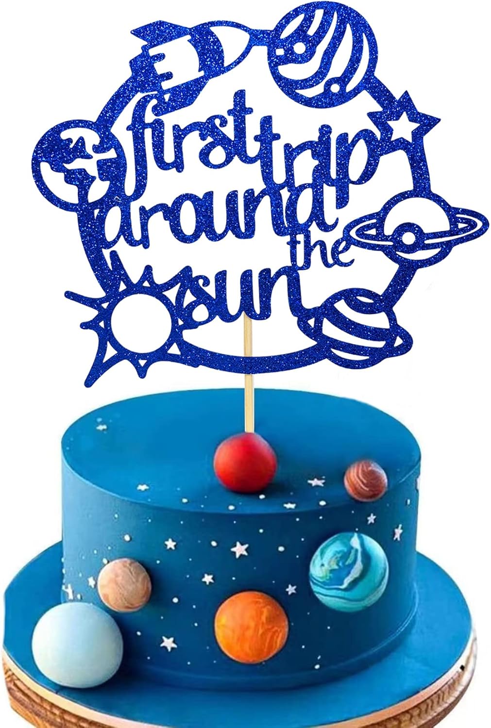 First Trip Around The Sun Cake Topper Happy Birthday Toppers for Outer Space Theme Party Decorations Baby 1st Birthday, One Year Old Supplies Rocket Galaxy Planet Kids blue flash