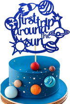 First Trip Around The Sun Cake Topper Happy Birthday Toppers for Outer Space Theme Party Decorations Baby 1st Birthday, One Year Old Supplies Rocket Galaxy Planet Kids blue flash