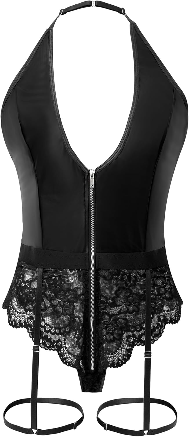 Women Leather Halter Bodysuit Lace One Piece Lingerie V Neck Zipper S-XXL