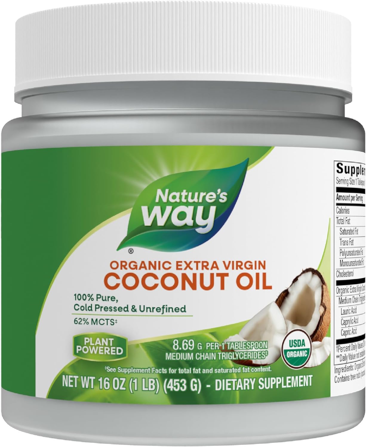 Nature's Way USDA Organic Extra Virgin Coconut Oil- Pure, Cold-Pressed, Non-GMO, 16 Ounces
