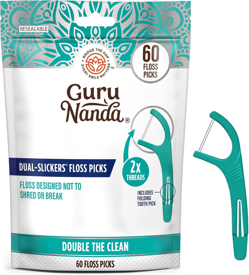 GuruNanda Dual Slickers Floss Picks - Double Threaded Dyneema Dental Floss with Foldable Toothpick for Effective Plaque Removal - Unflavored- 60 Ct
