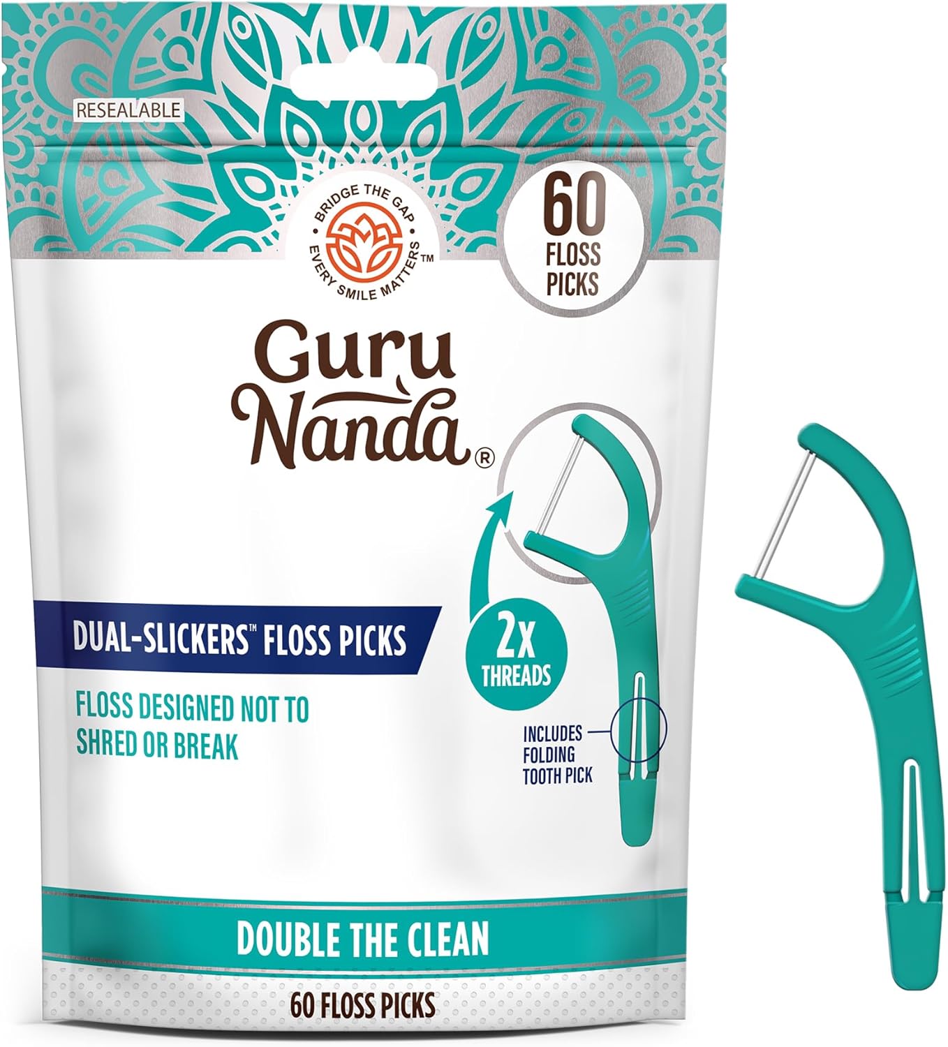 GuruNanda Dual Slickers Floss Picks - Double Threaded Dyneema Dental Floss with Foldable Toothpick for Effective Plaque Removal - Unflavored- 60 Ct