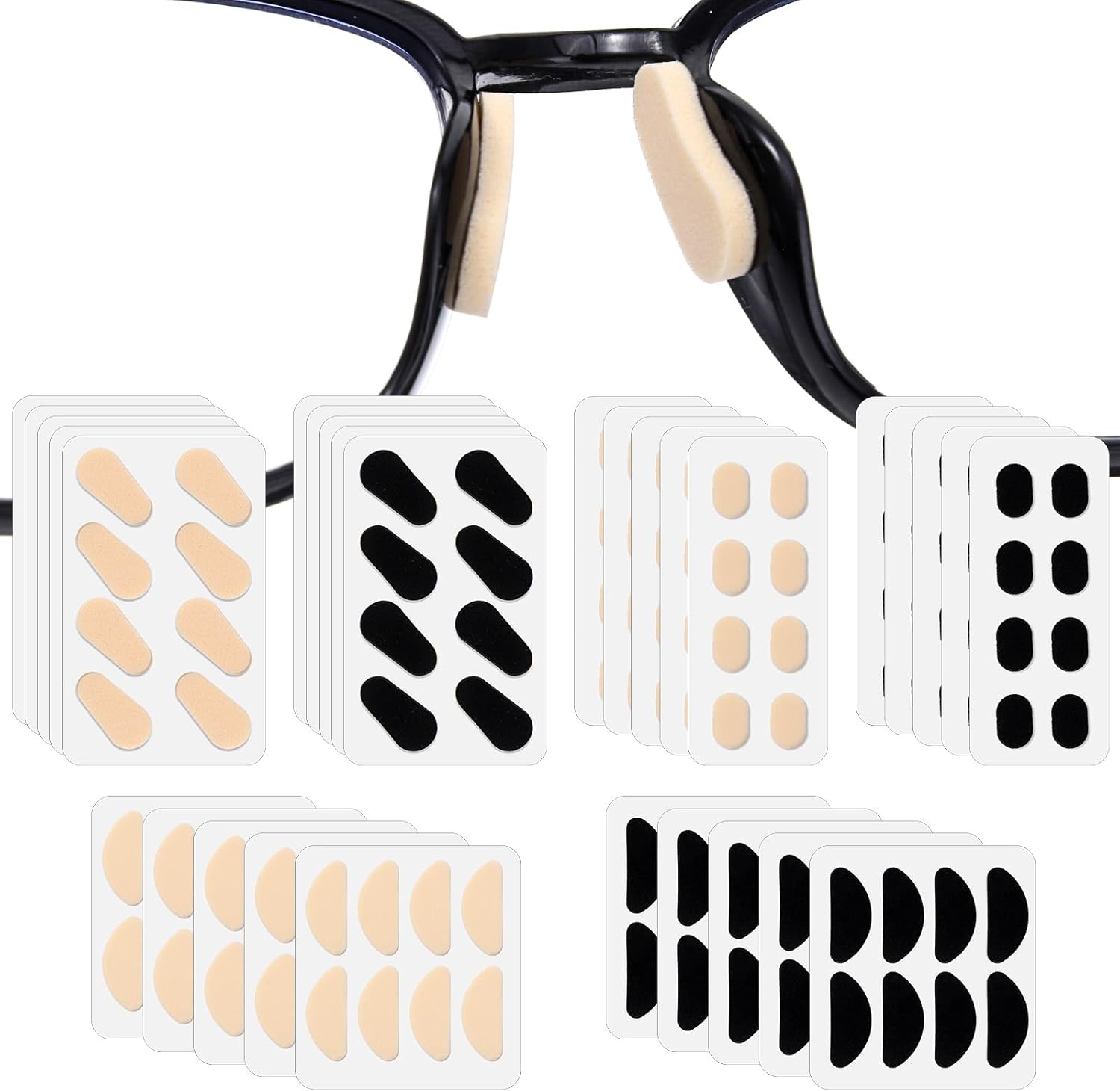 EVA Foam Nose Pads for Glasses, 30 Sheets/120 Pairs Non-Slip Cushion, Soft Eyeglass Nose Pads Lightweight Silicone Adhesive Grips Skin/Black 1mm/1.5mm