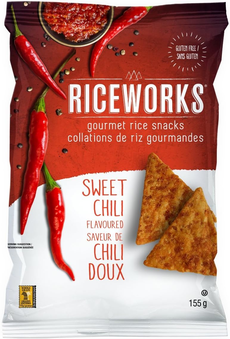 Riceworks Gourmet Gluten-Free Rice Chips - Organic Healthy Snack - 155G, 12 Pack (Sweet Chili)