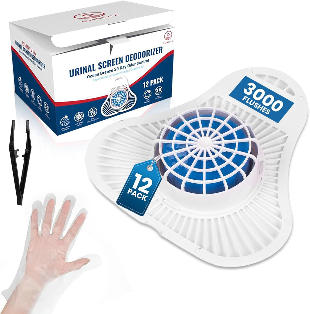 The ULTIMATE Urinal Cakes for Men Bathroom, Up to 3000 Flushes,12 Pack Urinal Screen Deodorizers, Ocean Breeze, Splash-Free Design, Fits All Urinals, Urinal Deodorizer, Gloves & Tongs included