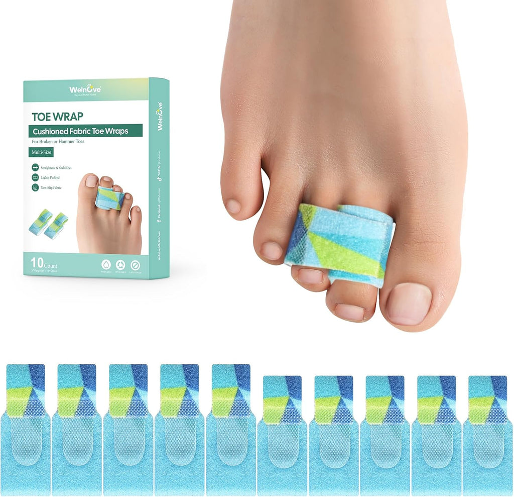 Welnove Hammer Toe Straightener - 10 Pack Toe Corrector Splints - Realign Bent, Curled, Crooked, Claw, Mallet Toes - Toe Straighteners for Men and Women- (Multi-Size, Patterned)