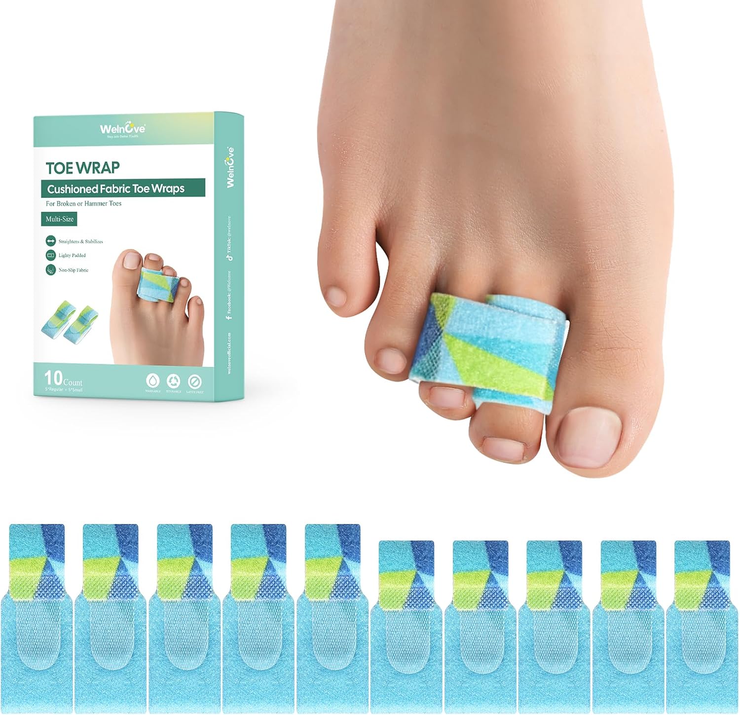 Welnove Hammer Toe Straightener - 10 Pack Toe Corrector Splints - Realign Bent, Curled, Crooked, Claw, Mallet Toes - Toe Straighteners for Men and Women- (Multi-Size, Patterned)