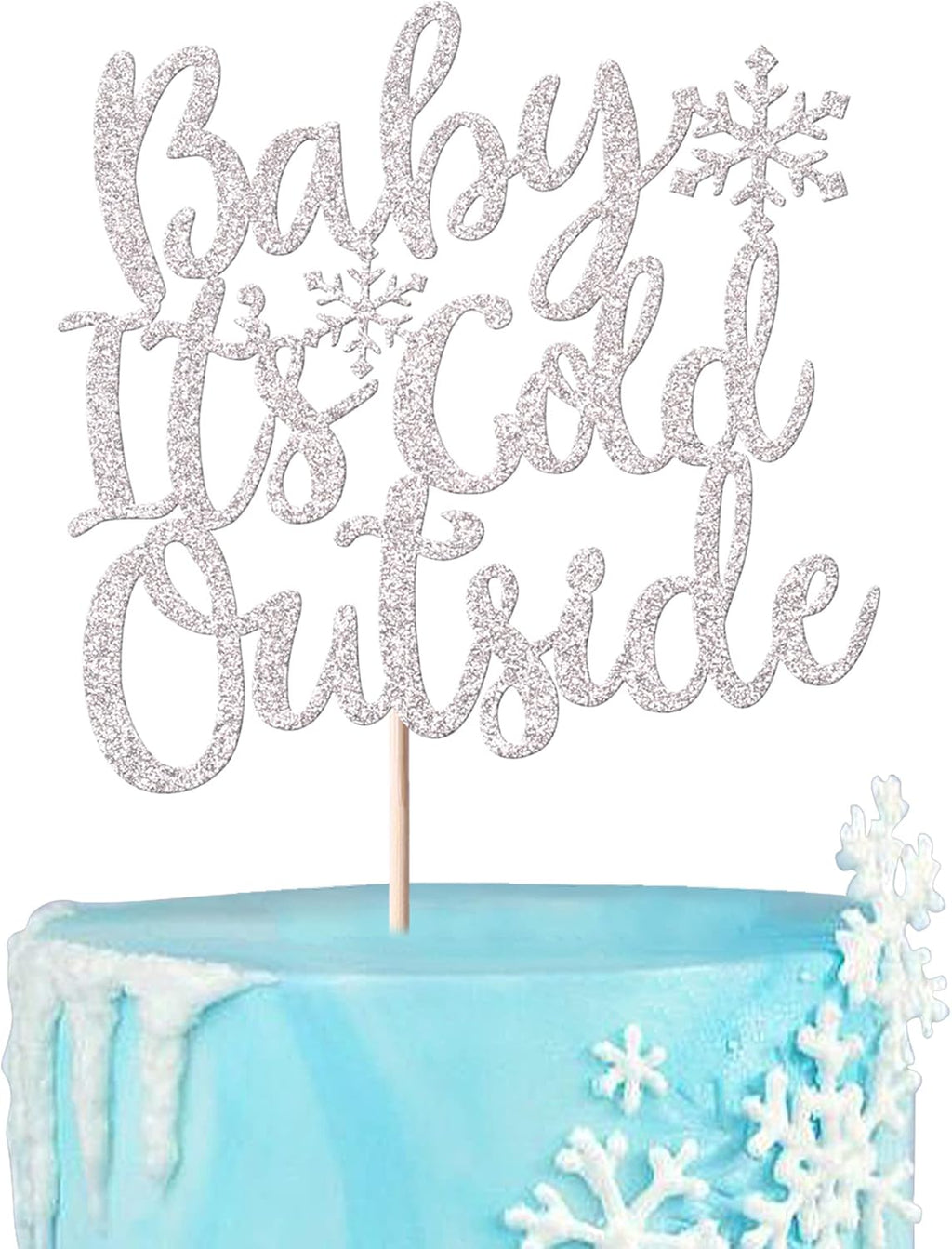 Rsstarxi 1Pack Snowflake Cake Topper Winter Baby It's Cold Outside Cake Pick Baby Shower Cake Decorations for Snowflake Theme Kids Birthday Christmas Party Silver