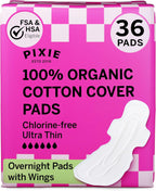 Pixie Organic Cotton Ultra Thin Overnight Pads for Women - Extra Heavy Absorbency with Wings - Leak-Proof, Hypoallergenic & Unscented - Compostable, Biodegradable - FSA Eligible - 36 Count