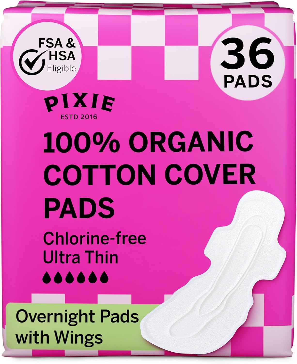 Pixie Organic Cotton Ultra Thin Overnight Pads for Women - Extra Heavy Absorbency with Wings - Leak-Proof, Hypoallergenic & Unscented - Compostable, Biodegradable - FSA Eligible - 36 Count