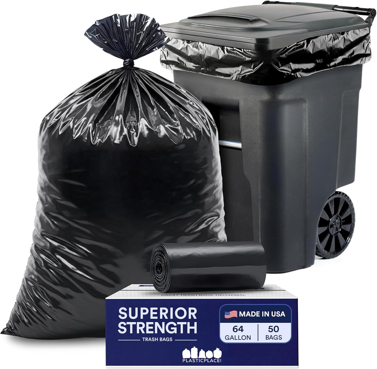 Plasticplace Black Trash Bags (50 Count) – Heavy Duty 64-65 Gallon Garbage Bags, Puncture Resistant, Large Trash Can Liners, Ideal for Toter Cans, Kitchen & Outdoor Use, 50" x 60" 1.5 Mil