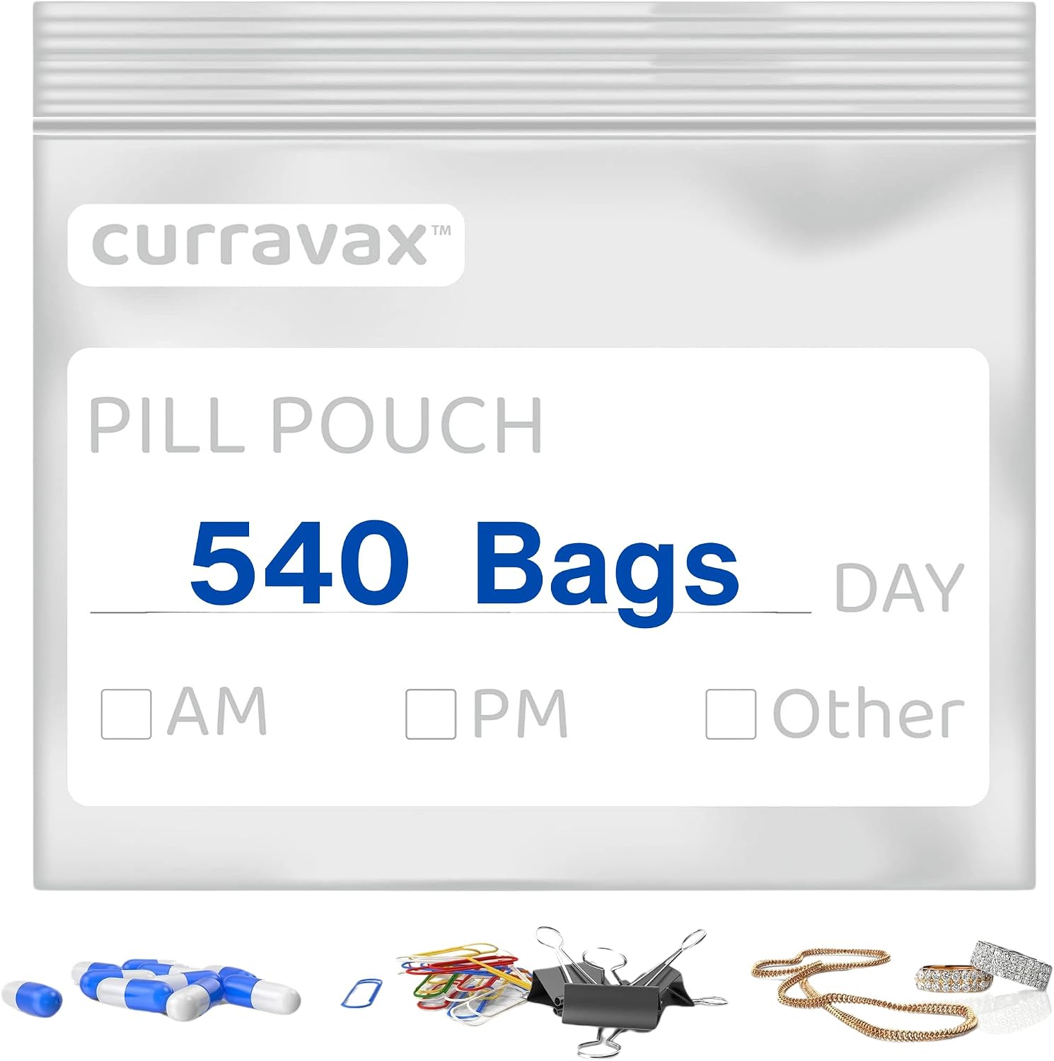 Pill Bags for Travel Pill Pouch Organizer Pack of 540 BPA Free 3 x 2.75 inch Pill Pouches for Medicine Reusable with Write on Label & Waterproof Zipper Seal AM PM Pill Baggies for Vitamins by CURRAVAX