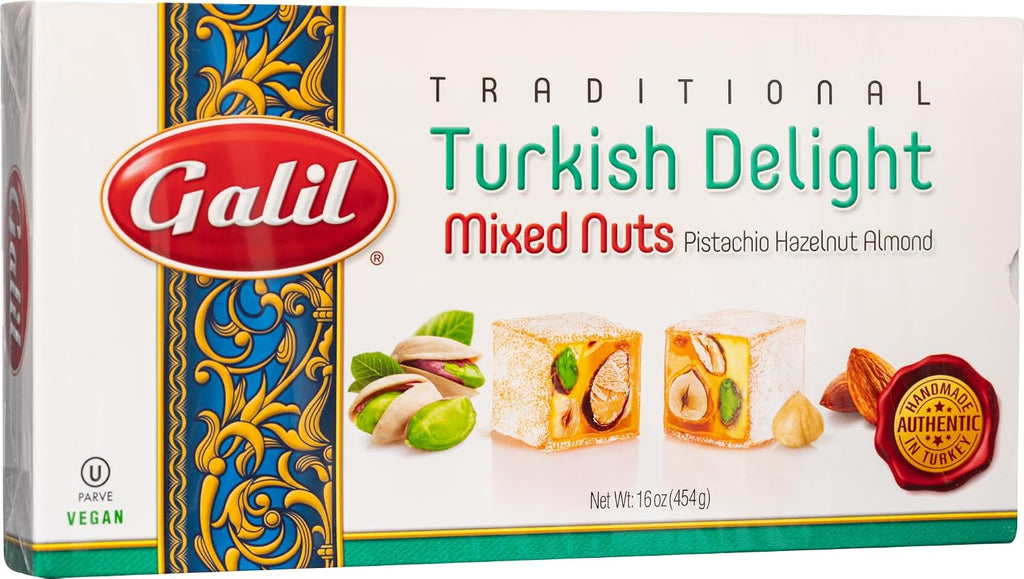 Turkish Delight Galil (Rahat Lokum) Mixed Nuts Flavor Gift Box – Authentic Traditional Turkish Dessert with Pistachios, Hazelnuts & Almonds, Handmade in Turkey, Soft Chewy Powdered Sugar Coated Lokum, Kosher & Vegan Gourmet Middle Eastern Candy, 16oz/454g