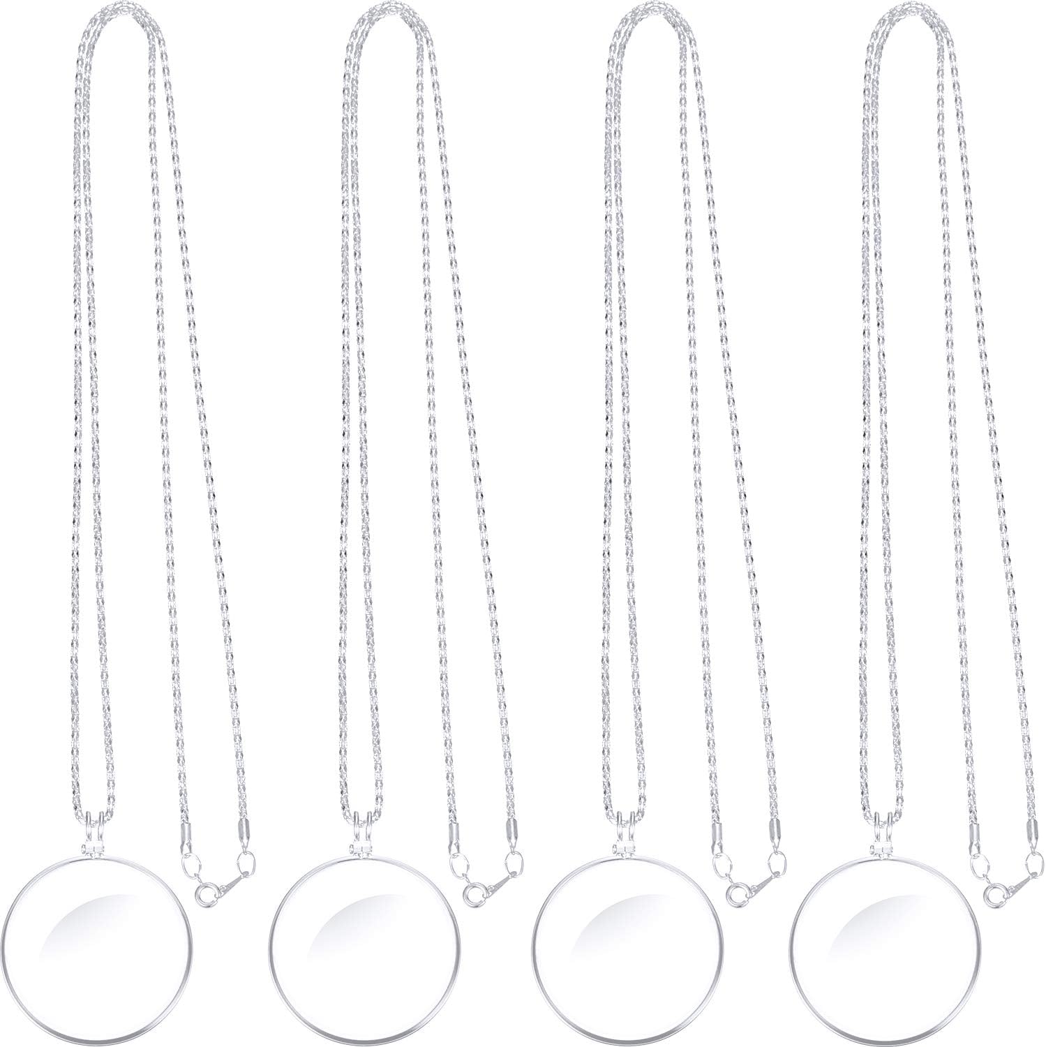 Weewooday 4 Pieces 5.5X Magnifying Glass Necklace Magnifier Necklace Pendant Optical Magnifier with Chain for Library, Reading, Zooming and Jewelry(Silver)