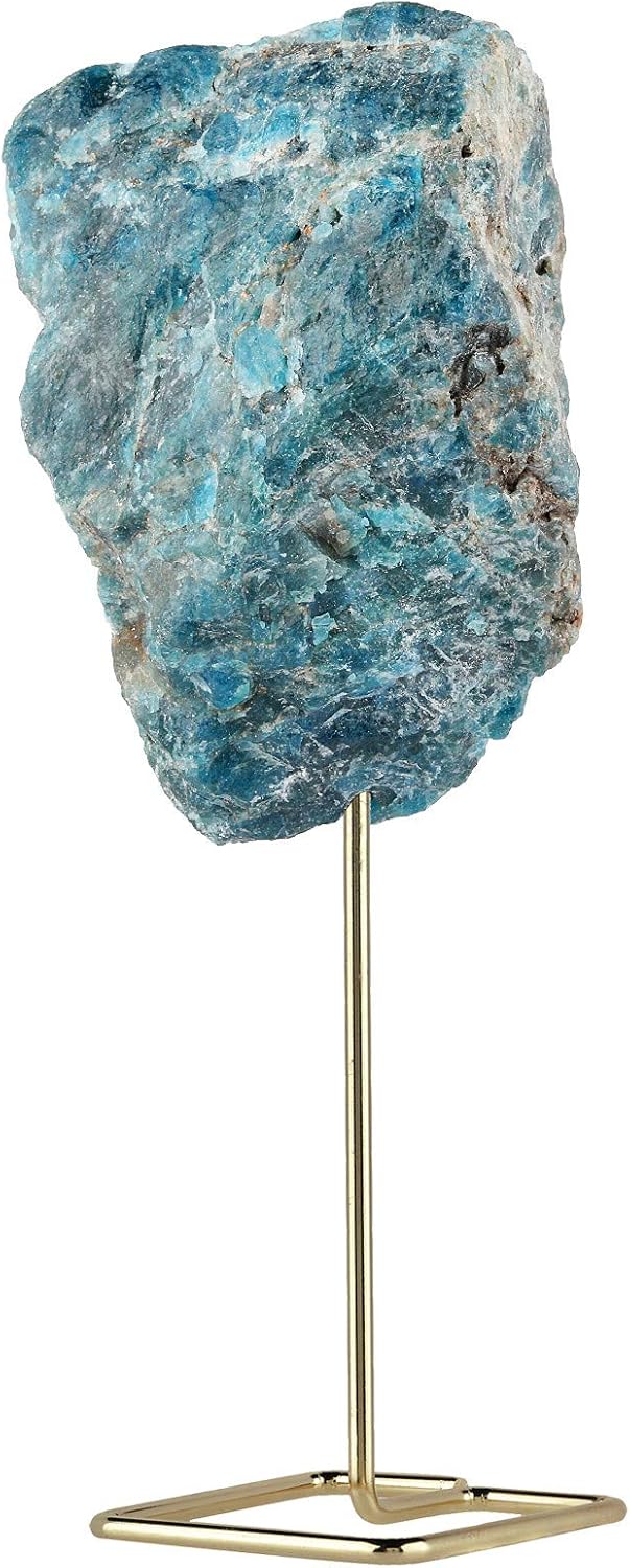 mookaitedecor Natural Blue Apatite Raw Rough Stone with Stainless Stand, Gemstone Specimen Healing Crystal Stone Display for Office Home Decor 6.7"-7.8" Tall