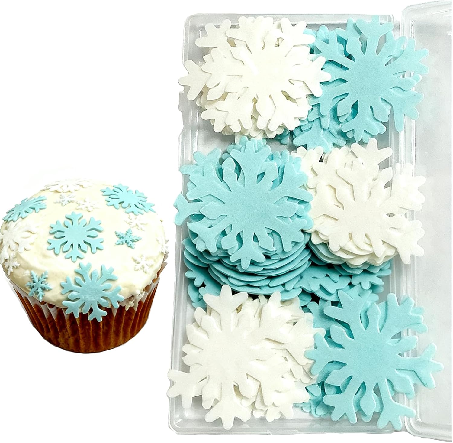 50Pcs Edible Cake Cupcake Toppers Snowflakes Wafer Paper Sprinkles for Christmas Winter Holiday（Blue&White）