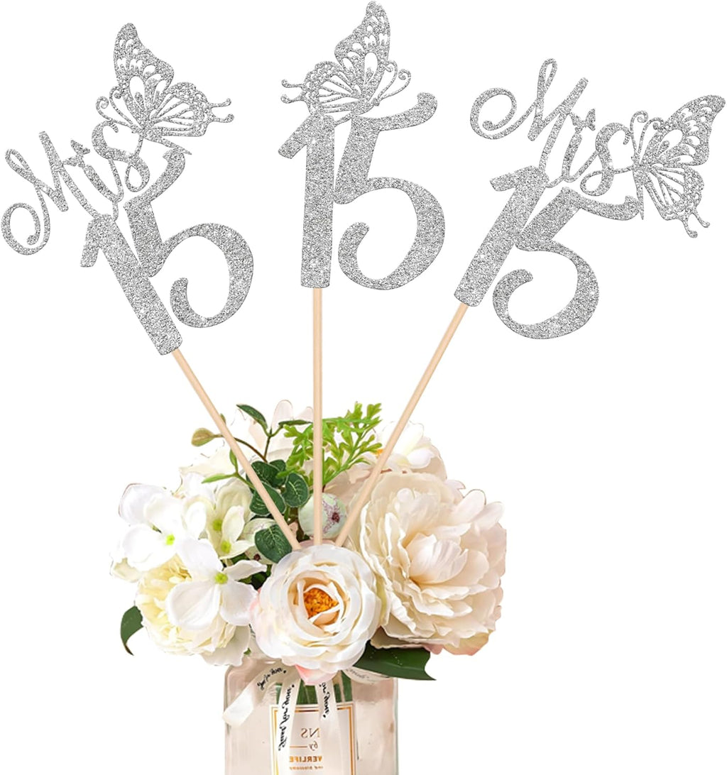 12 Pack Happy 15th Birthday Party Decorations, Mis 15 Centerpiece Sticks for Table, Hello 15 Fabulous Table Toppers, Cheers to 15 Years Old Birthday Anniversary Party Decotations Silver