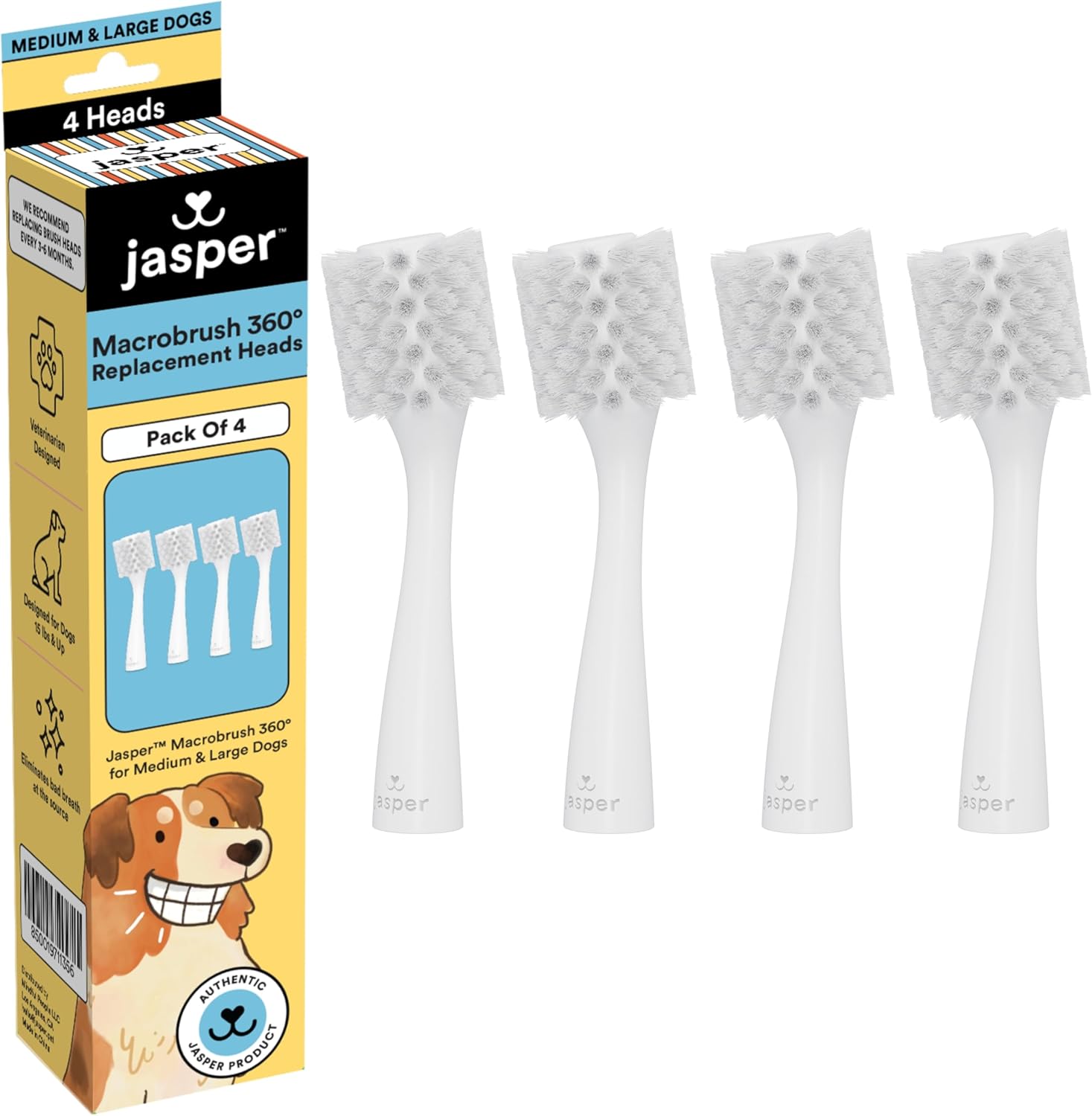 Jasper 4 Pack Replacement Brush Heads for Macrobrush 360° - Dog Toothbrush Kit for Dog Teeth Cleaning for Medium to Large Dogs, Pet Toothbrush to Keep Dog Teeth Clean & Dog Breath Fresh