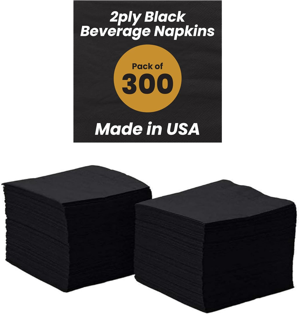 Perfectware 2-Ply Black Beverage Napkins - 300 Count Cocktail Napkins, 10 x 10 Inches