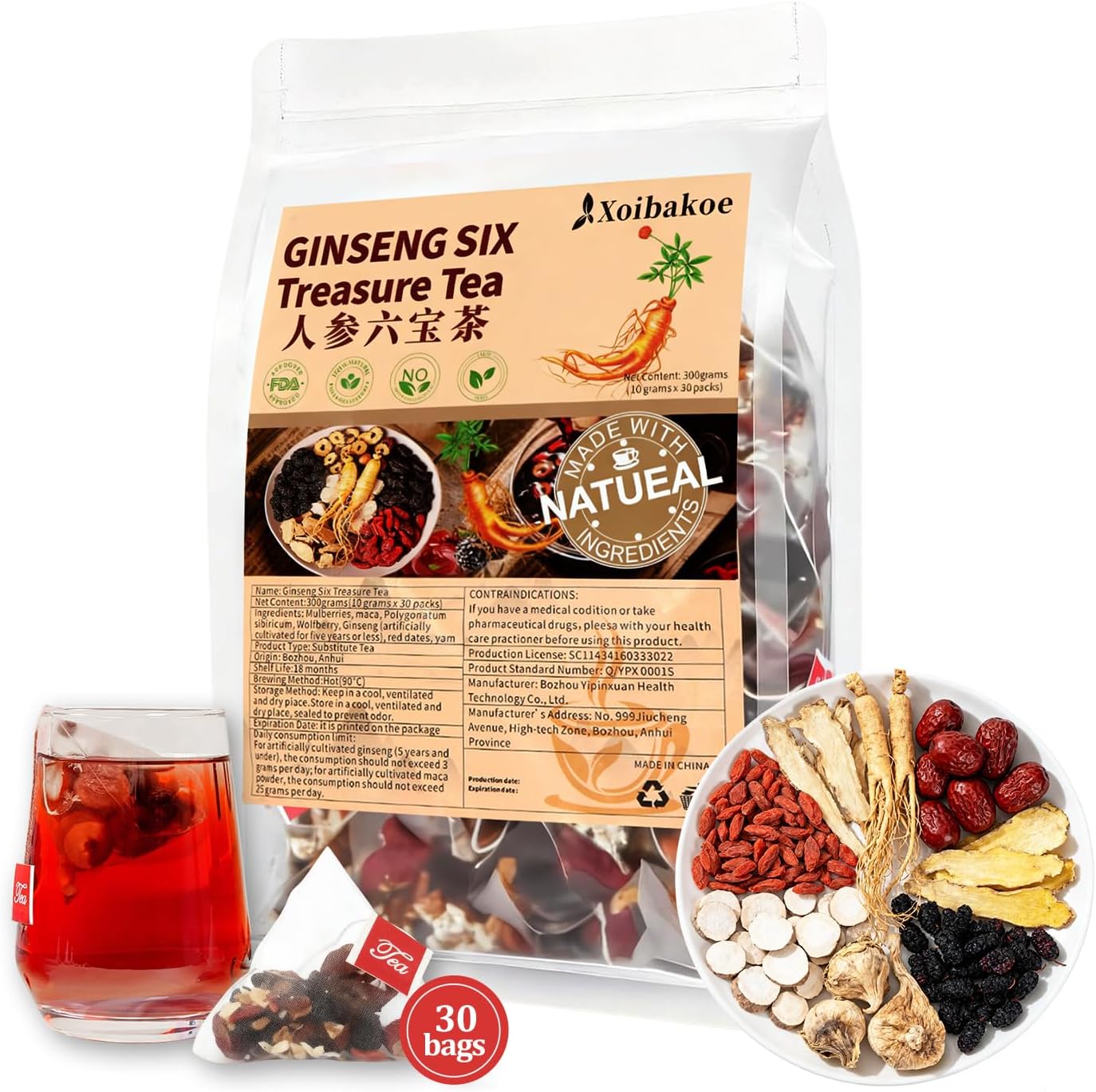Kidney Tea Formula Ginseng Six Treasure Tea - Pure Natural Chinese Traditional Herbal Ginseng Six Treasure Kidney Detoxification Purification Tea Bag, Contains 7 Precious ingredient Formulas （30 bags/1 Pack)