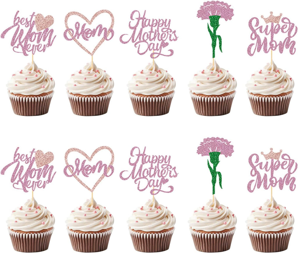30Pcs Happy Mother's Day Cupcake Toppers Glitter Mom Love Heart Cupcake Picks Best Mom Carnation Flower Cake Decorations for Happy Mother's Day Women Birthday Theme Party Supplies Pink