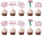 30Pcs Happy Mother's Day Cupcake Toppers Glitter Mom Love Heart Cupcake Picks Best Mom Carnation Flower Cake Decorations for Happy Mother's Day Women Birthday Theme Party Supplies Pink