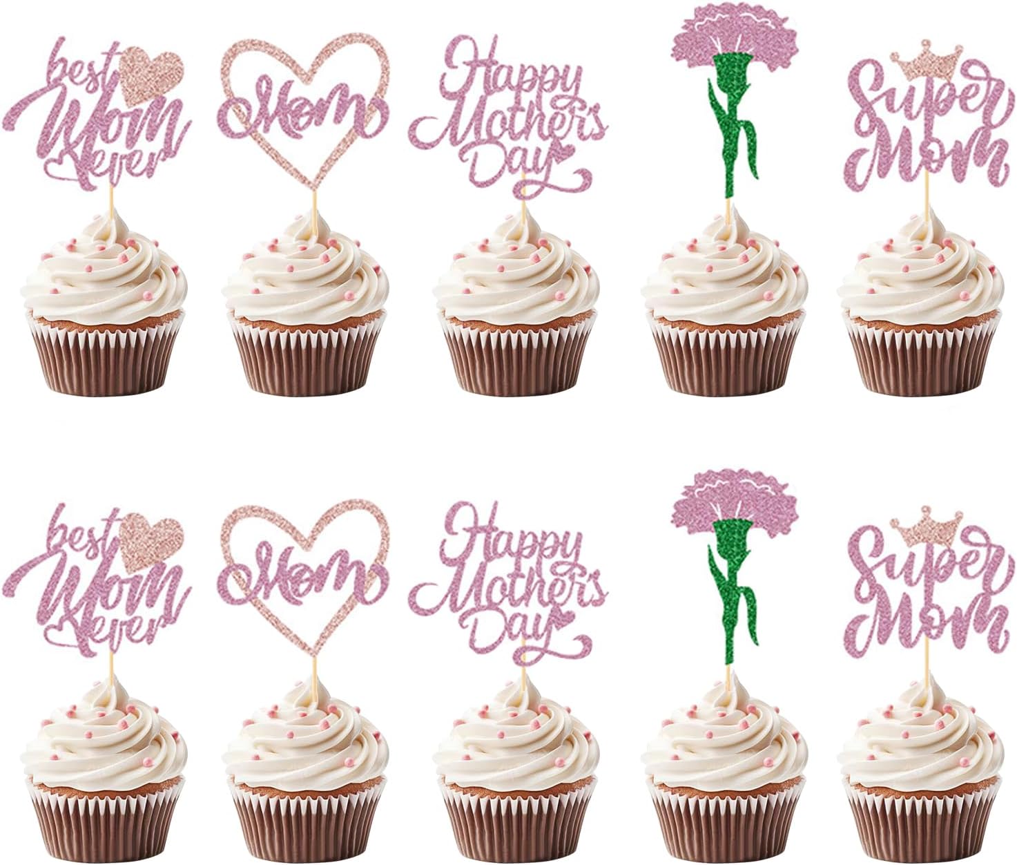 30Pcs Happy Mother's Day Cupcake Toppers Glitter Mom Love Heart Cupcake Picks Best Mom Carnation Flower Cake Decorations for Happy Mother's Day Women Birthday Theme Party Supplies Pink