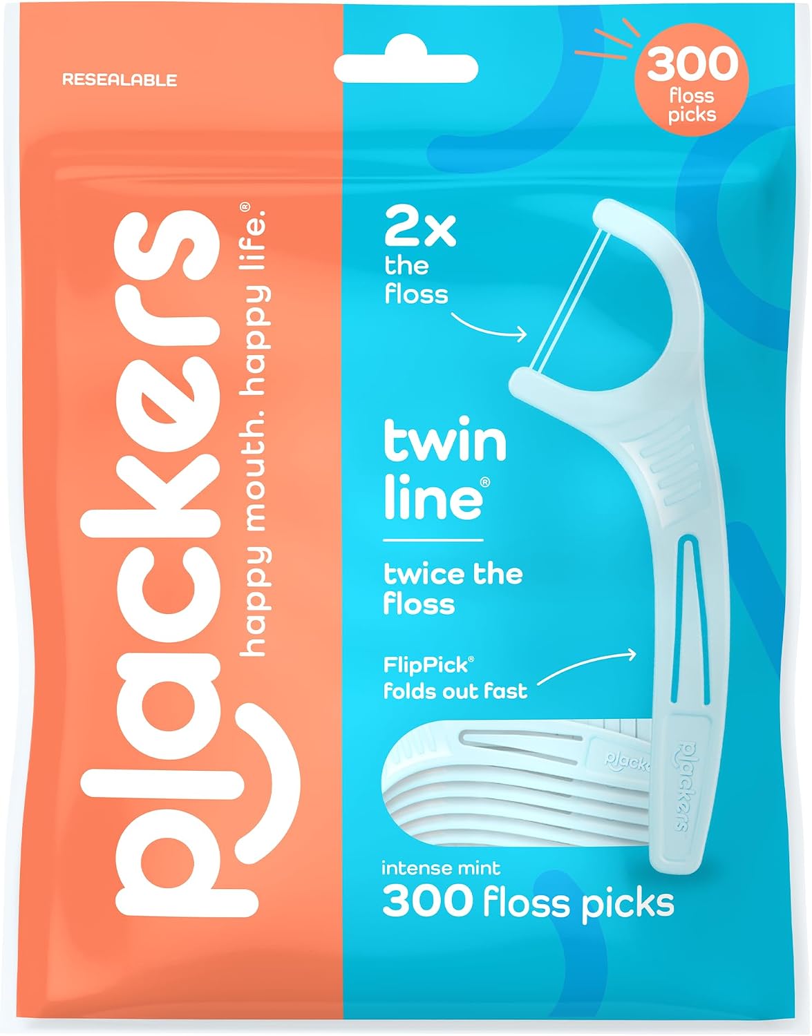 Plackers® Twin Line® Floss Picks with Tuffloss® Fiber & FlipPick®, Intense Mint, Double-Line Flosser for Effective Plaque Removal, 300 Count