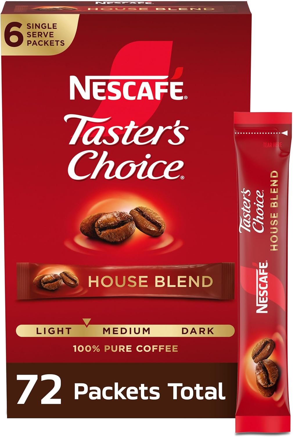 NESCAFÉ Taster's Choice, Instant Coffee Packets, Light Medium Roast Coffee, House Blend, 12 Boxes (72 Packets)