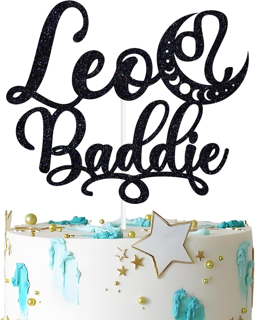 Leo Baddie Cake Topper, Big Leo Energy Cake Decor, It's Leo Birthday, 12 Constellation Zodiac Themed Birthday Party Decorations, Black Glitter