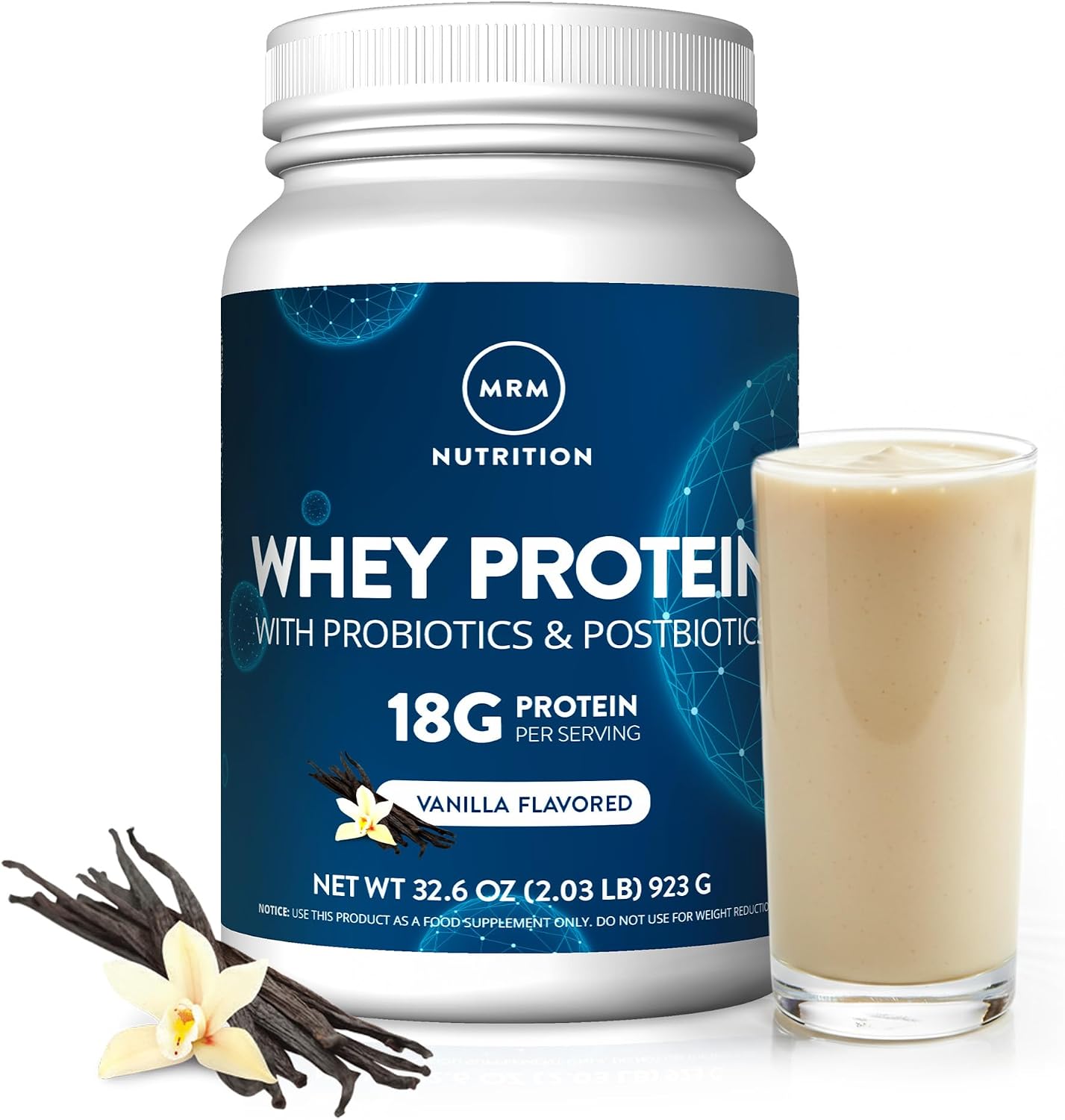 MRM Nutrition Whey Protein - Vanilla Flavored, Microfiltered Whey Protein Isolate & Concentrate, 16 Different Probiotic Strains, BCAAs, & Digestive Enzymes, Gluten Free, for Women & Men - 34 Servings