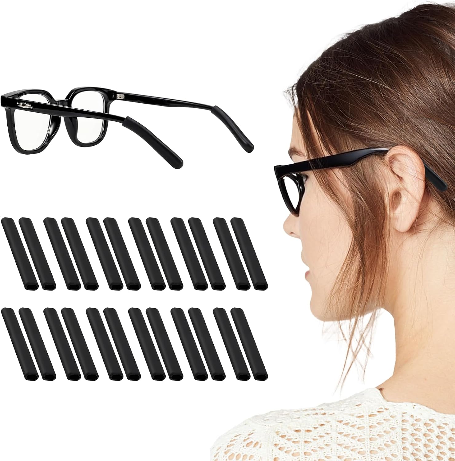 20 Pairs Silicone Glasses Ear Cushion, Anti Slip Eyeglass Ear Grips, Eyeglass Temple Sleeves Tips, Non-Slip Comfortable Elastic Glasses Ear Grips (Black)