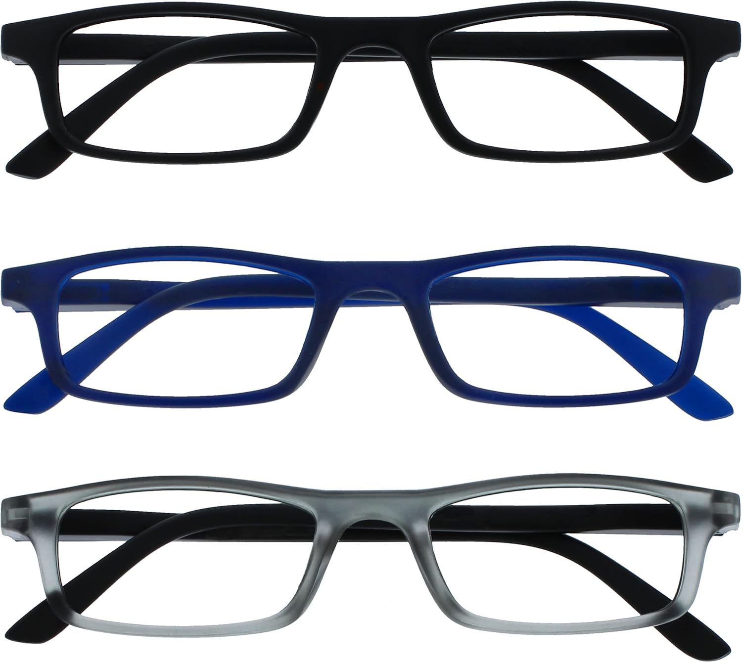 OPULIZE TED Reading Glasses for Women Men, Lightweight Narrow Rectangular Matt Frame with Spring Hinges, Black Blue Grey +2.00 (Pack of 3)