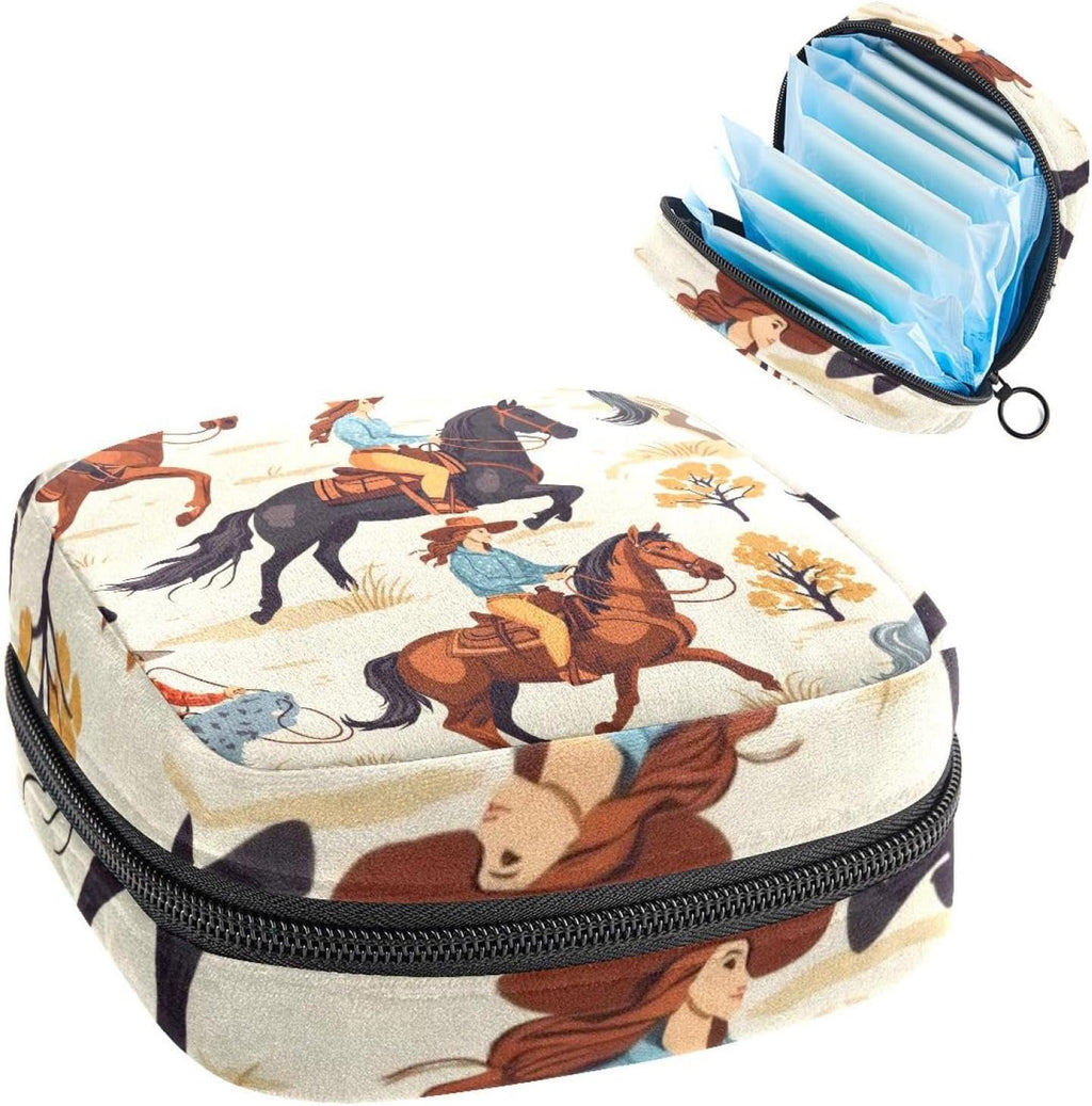 Wild Western Women Cowgirls with Horse Desert Sanitary Napkin Storage Bag, Tampons Collect Holder Purse, First Period Kit for Girls Women, Pad Bag for Period for School