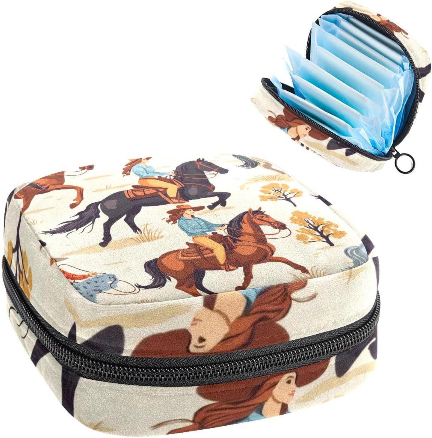 Wild Western Women Cowgirls with Horse Desert Sanitary Napkin Storage Bag, Tampons Collect Holder Purse, First Period Kit for Girls Women, Pad Bag for Period for School