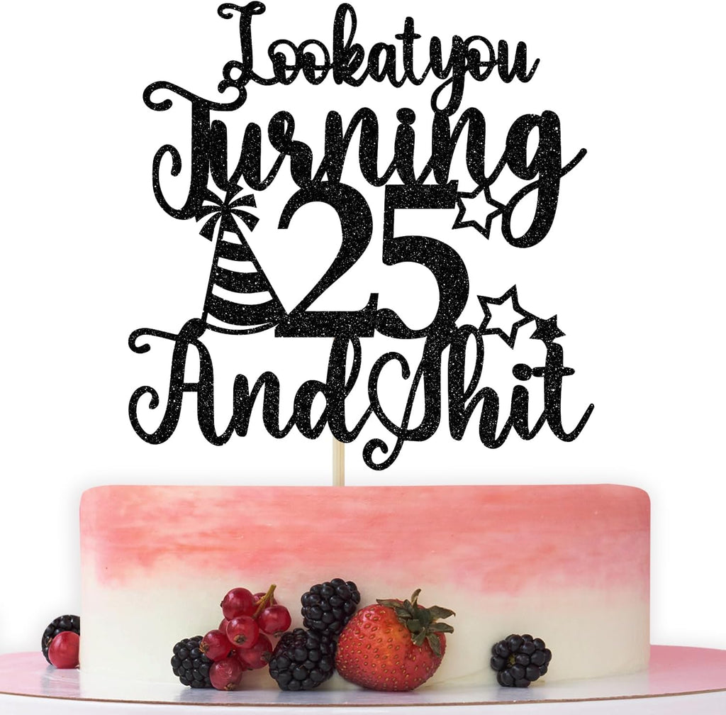 Happy 25th Birthday Cake Topper, 25th Birthday Cake Decor, Cheers to 25 Years, Hello 25, Funny 25th Birthday Party Decorations, Black Glitter