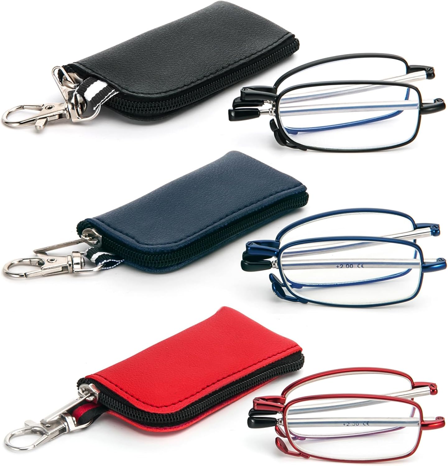 3 Pack Folding Reading Glasses with Keychain Compact Bags Women Men Blue Light Blocking Spring Hinge Portable Pocket Readers,Black Blue and Red 2.0