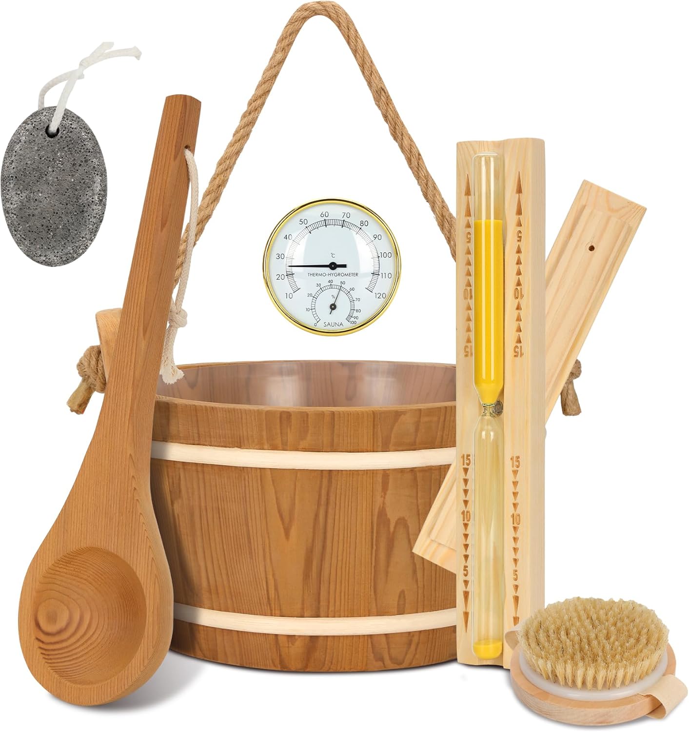 Sauna Accessories Kit 6PCS,Handcrafted from Canadian Premium Red Cedar Wood,Sauna Bucket and Ladle Set with Thermo-Hygrometer, Sand Timer, Brush, Exfoliating Stone – Sauna Gift Set for Home Steam Room