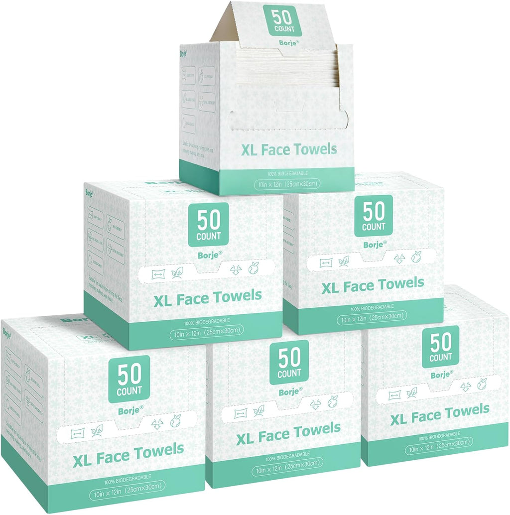 Borje Face Towels XL, Thick Disposable Face Towel 10" x 12", 300 Count (6 Packs of 50), 100% USDA Biobased Facial Towelettes, Ultra Soft Makeup Remover Dry Wipes for Women Cleansing