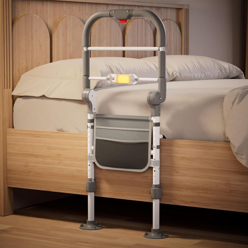 Bed Rails for Elderly Adults Safety Foldable Bed Assist Rail with Adjustable Height, Non-Slip Handle, Motion Sensor Light & Storage Pouch, Fits King Queen Full Twin Beds, Supports 350 LBS